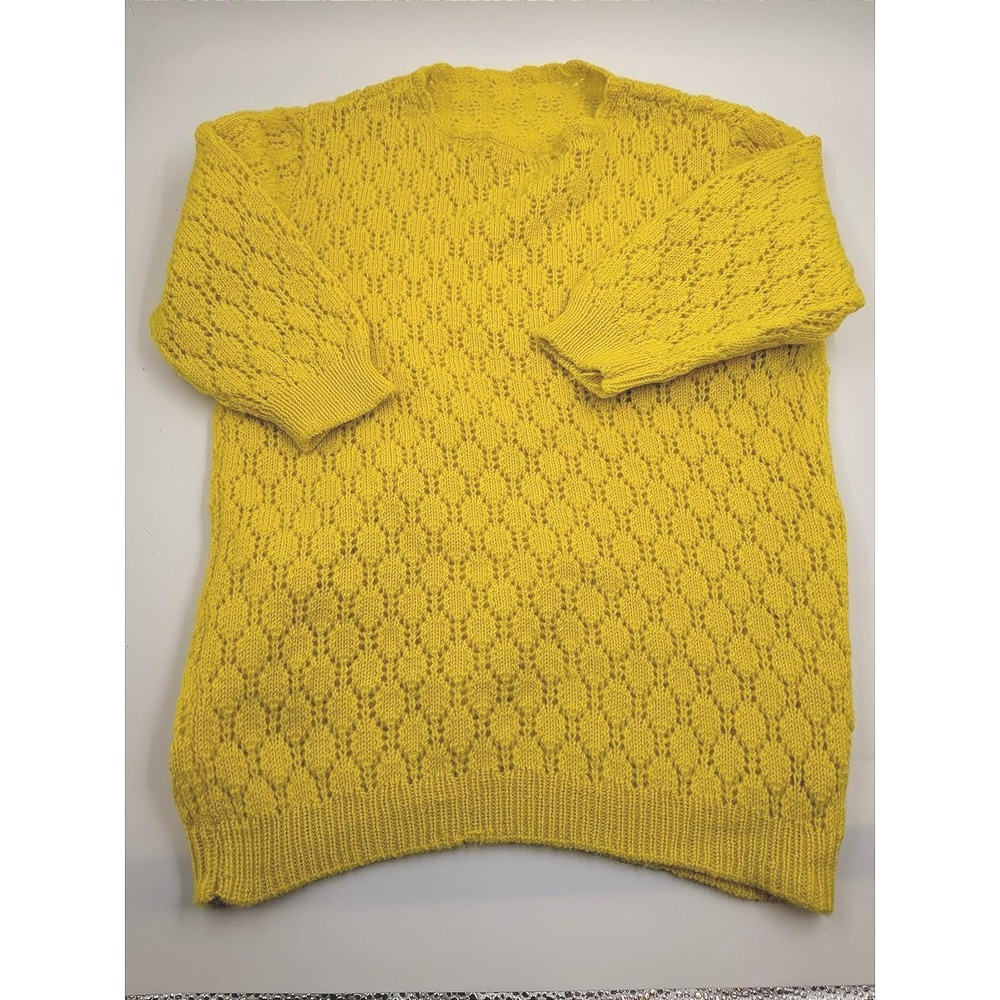 VTG Pointelle Handmade Yellow Lace Knit Short Sleeve Sweater 50s 60s
